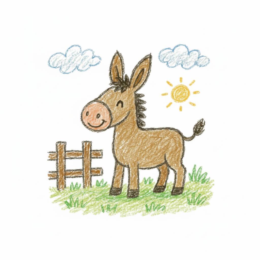 Desenho fofo de um burro sorridente em um campo com nuvens e sol.
