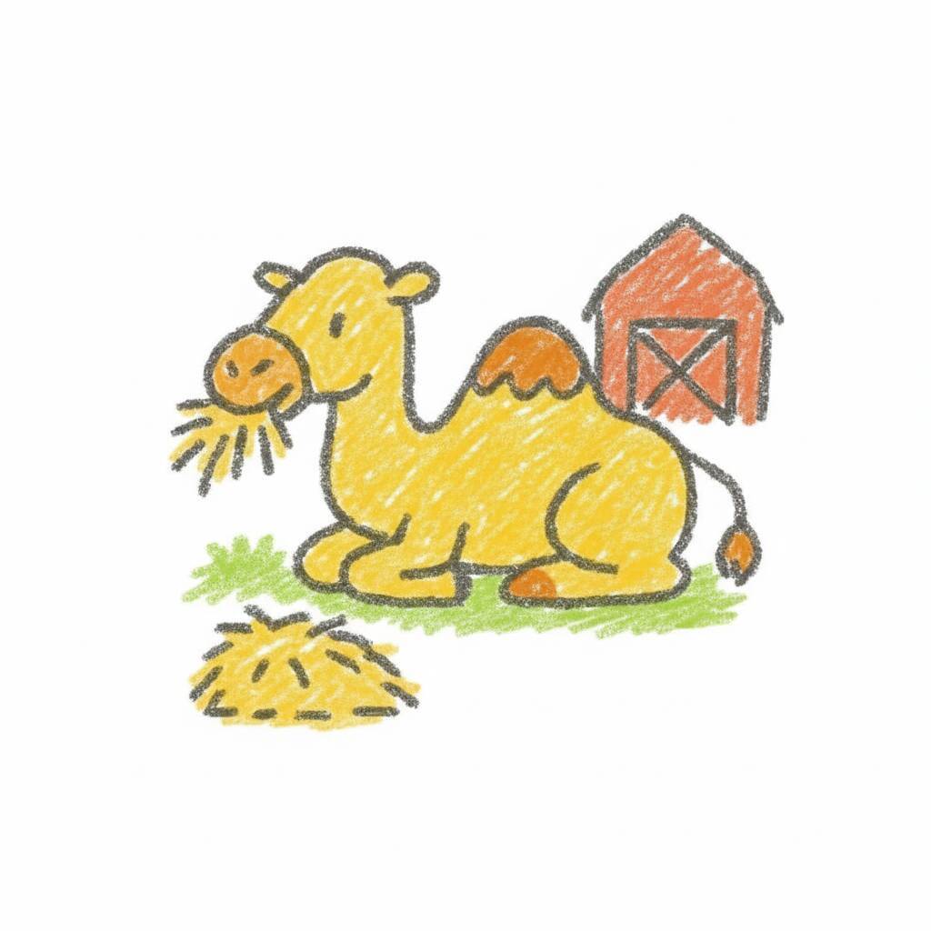 Desenho de um camelo fofo com uma casinha ao fundo