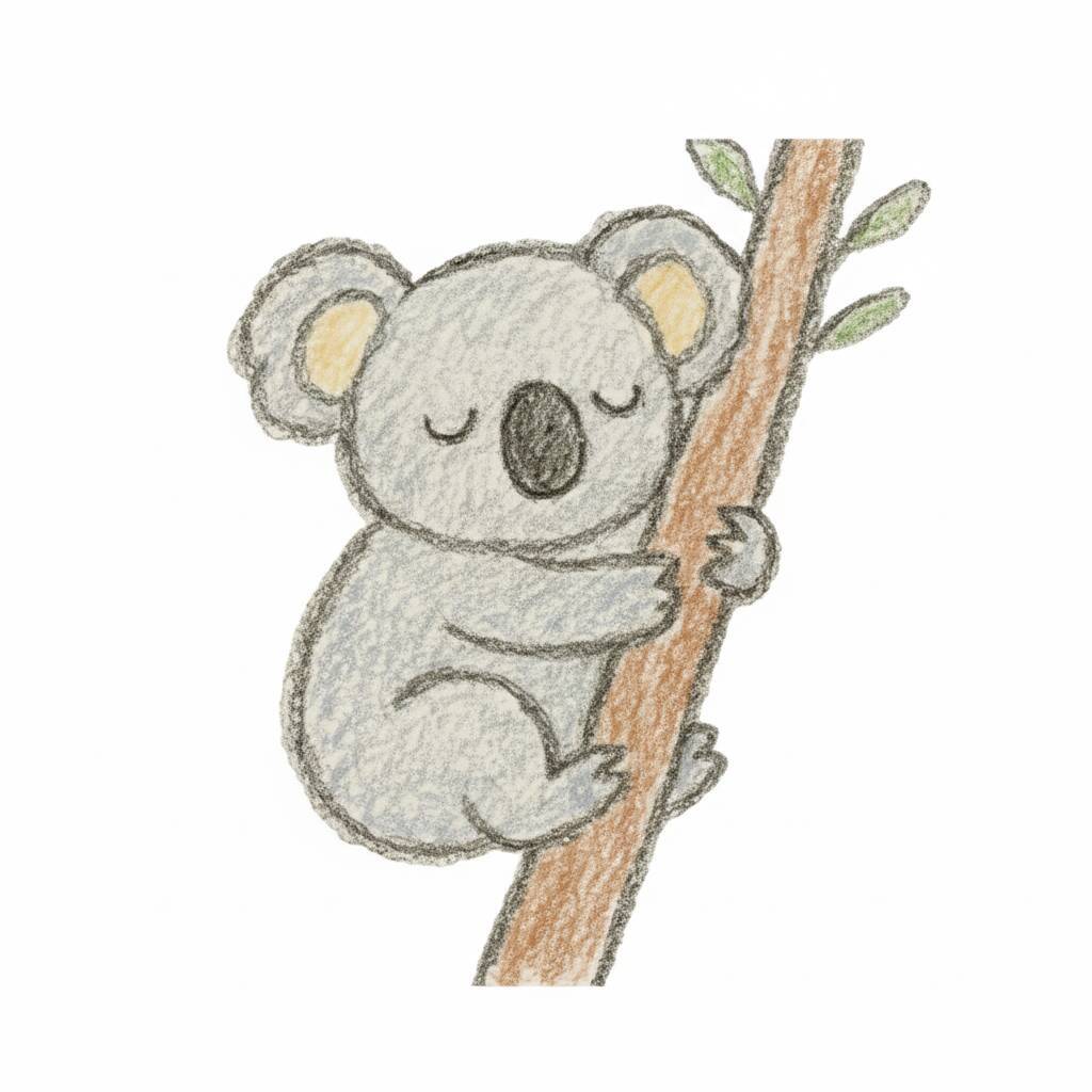 Desenho de um coala fofinho segurando um tronco de árvore