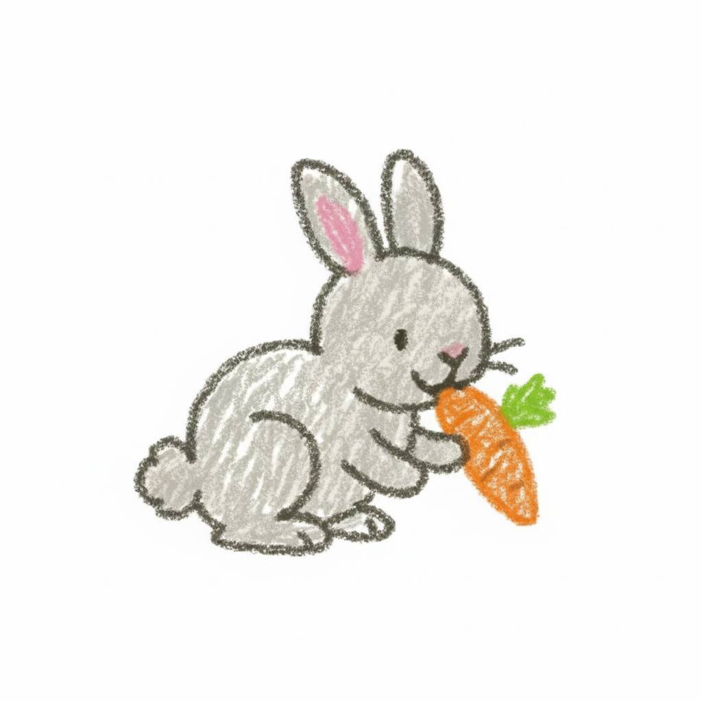 Desenho de um coelho cinza segurando uma cenoura