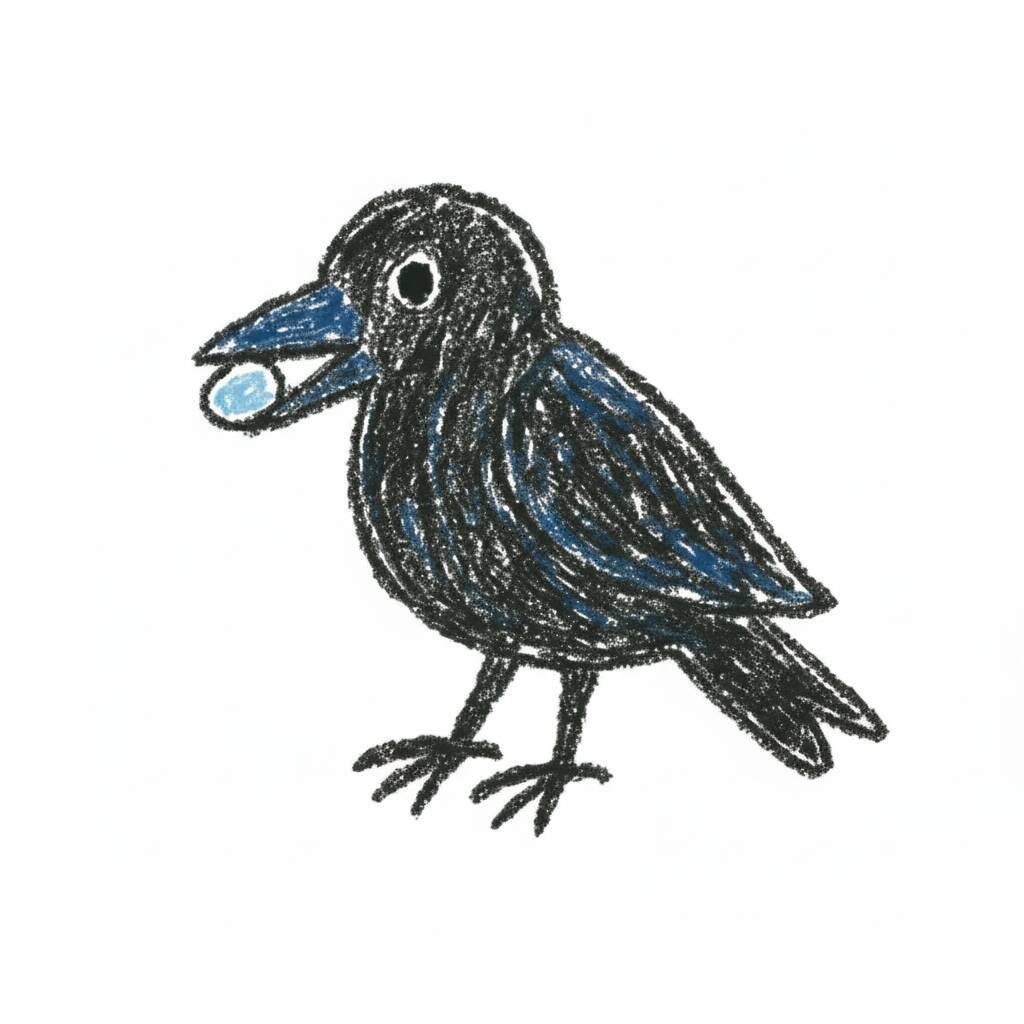 Desenho de um corvo segurando uma pedra azul, ideal para colorir.