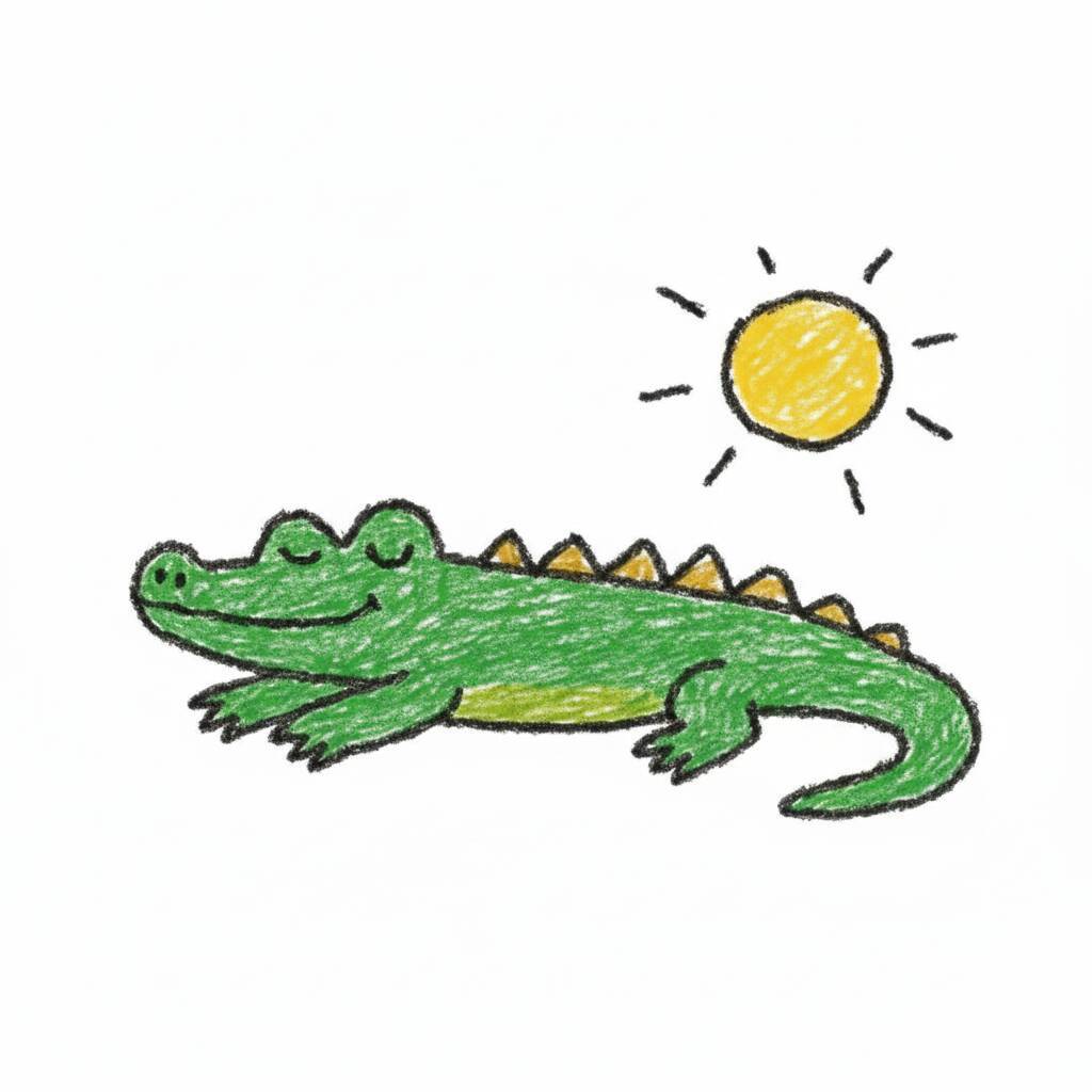 Desenho de um crocodilo sorridente sob o sol