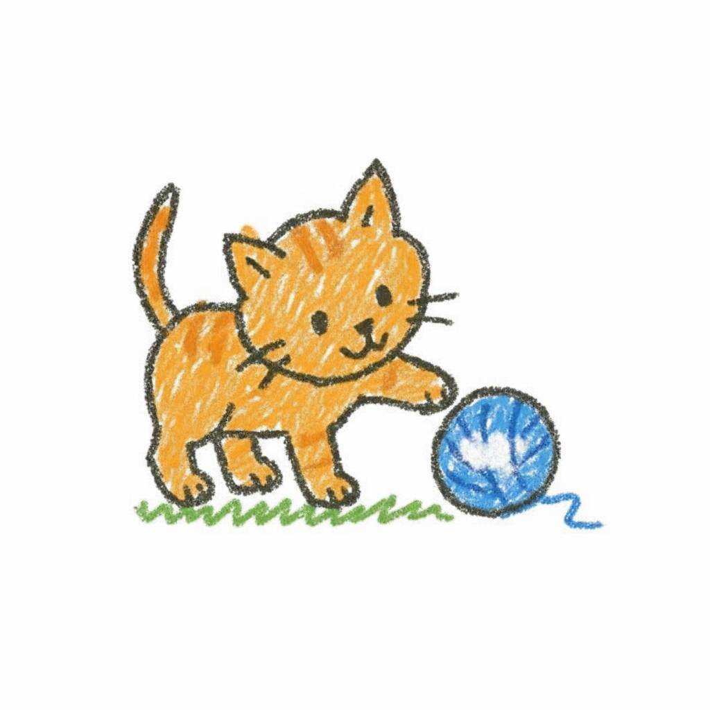 Desenho de um gato laranja brincando com uma bola de lã azul.