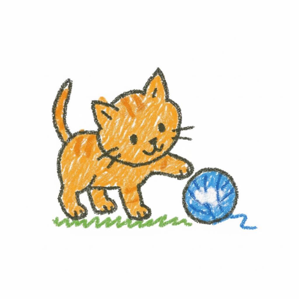 Desenho de um gato laranja brincando com uma bola azul