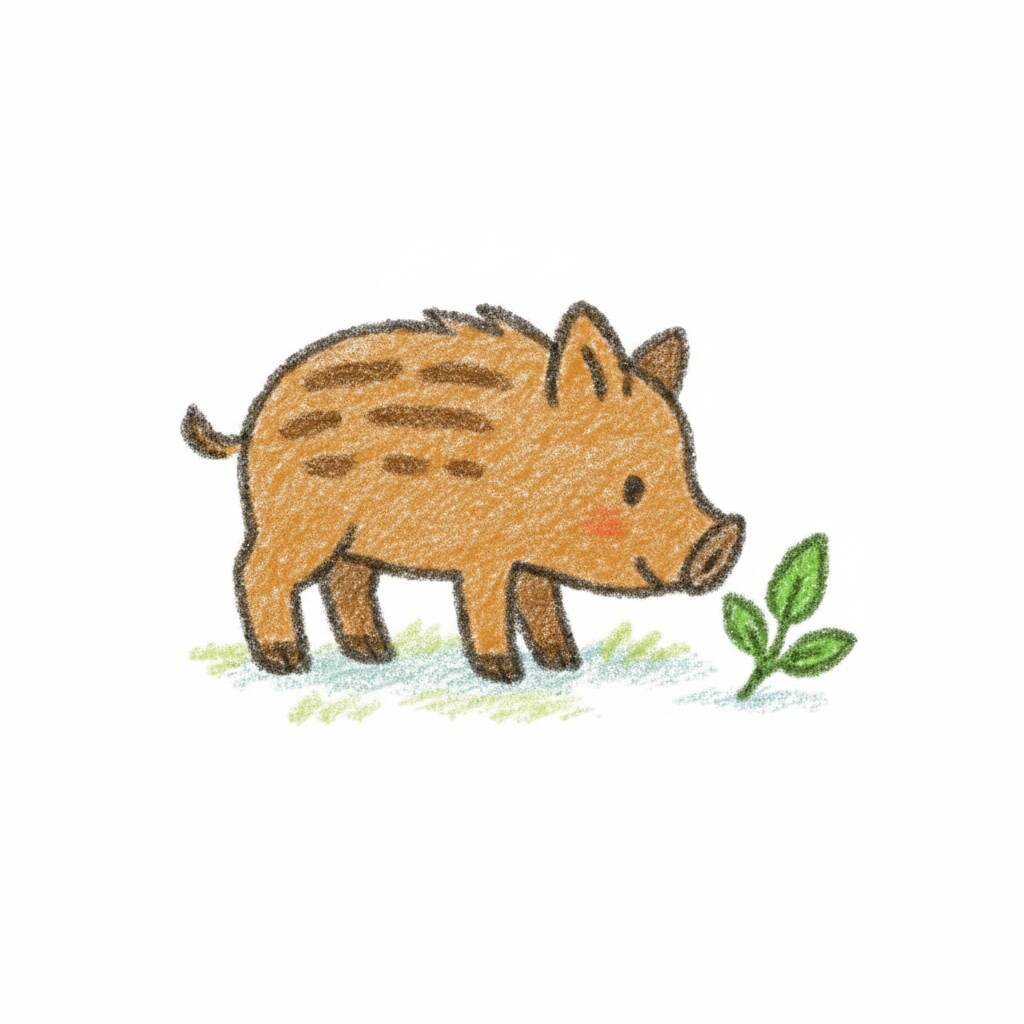 Desenho fofo de um javali explorando uma planta