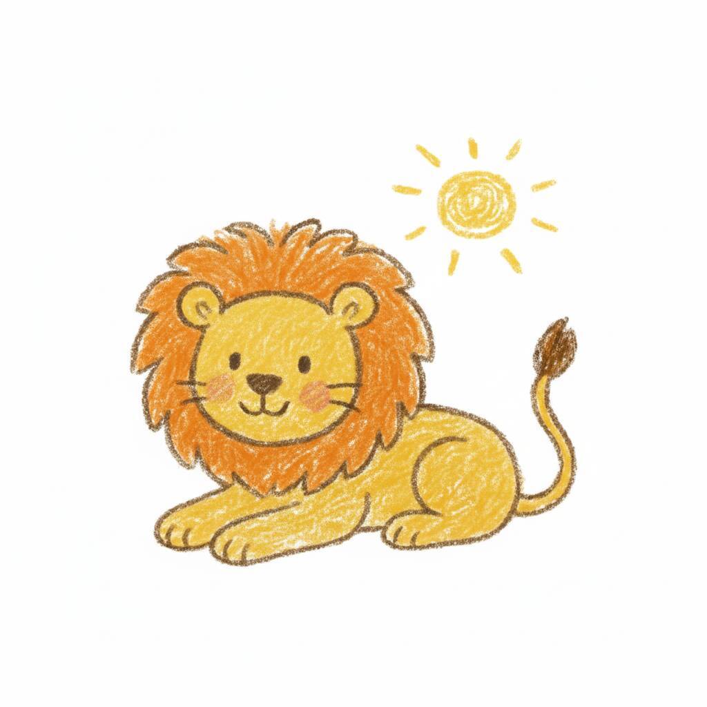 Desenho de um leão fofo com sol ao fundo