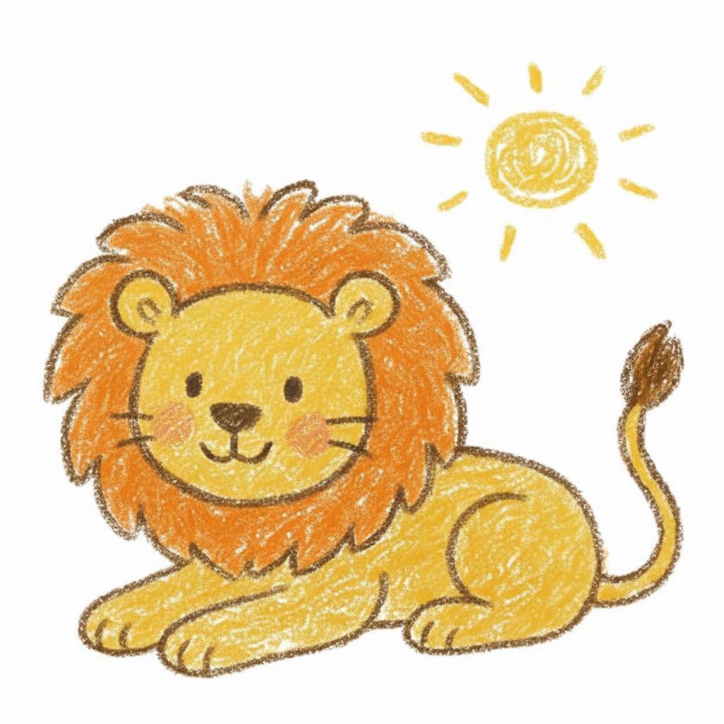 Desenho de um leão fofo com sol ao fundo