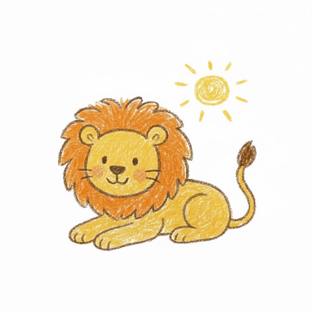 Desenho fofo de um leão com sol ao fundo para colorir.
