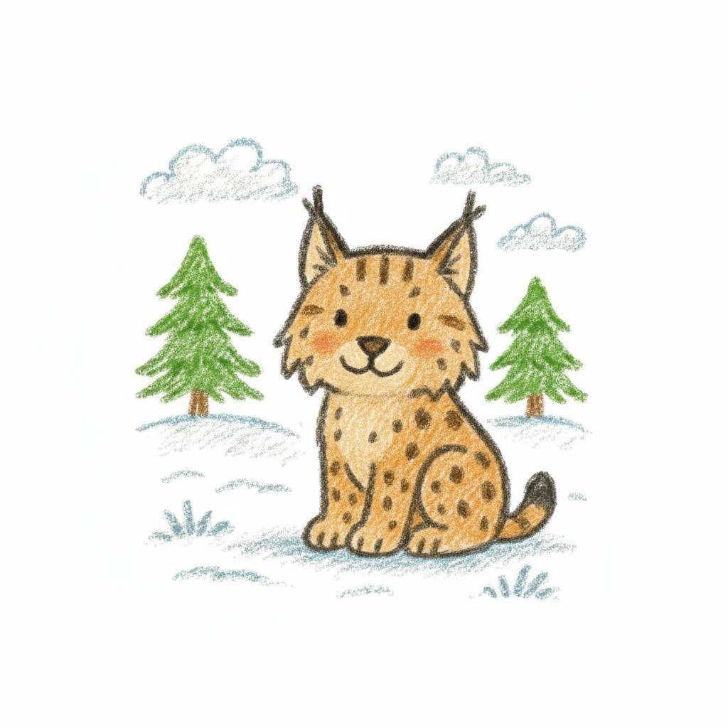 Desenho fofo de um lince sentado em um ambiente nevado com árvores ao fundo.