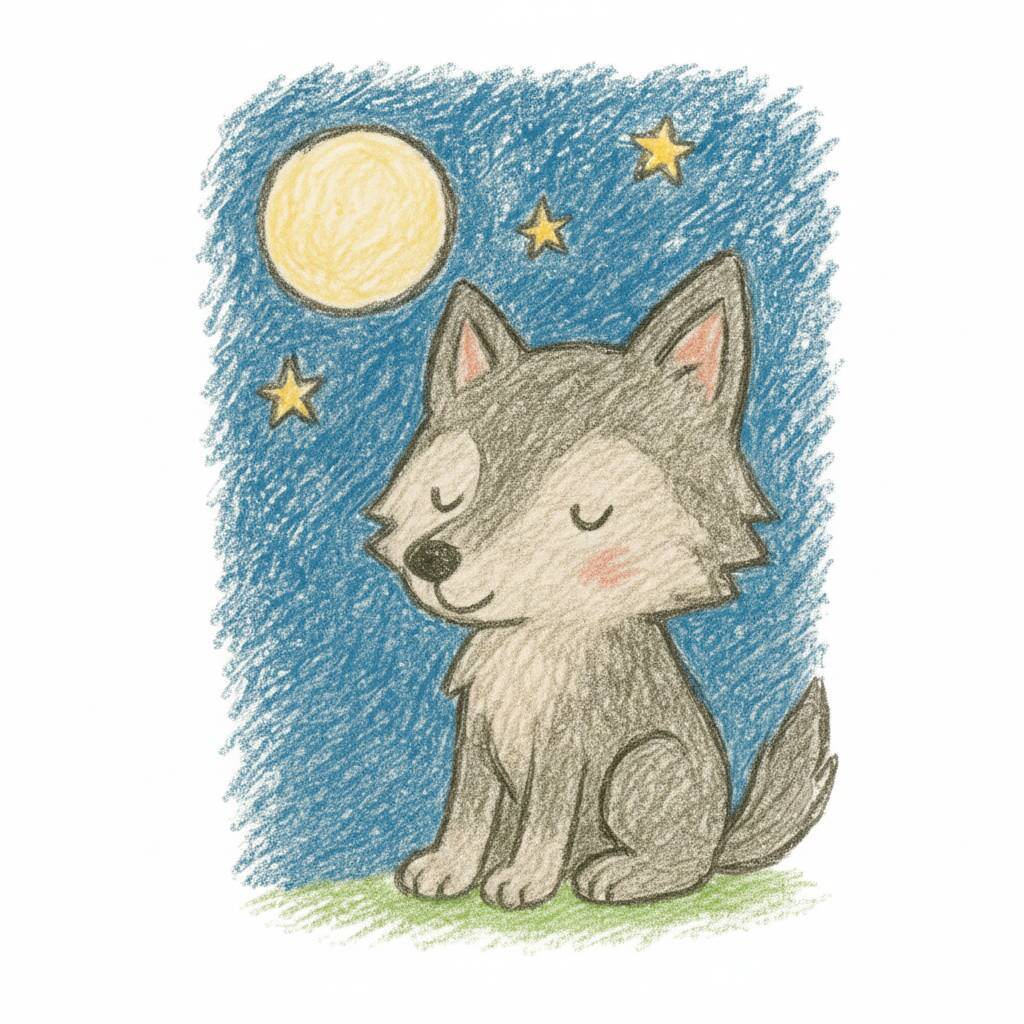 Desenho fofo de um lobo sentado sob a luz da lua
