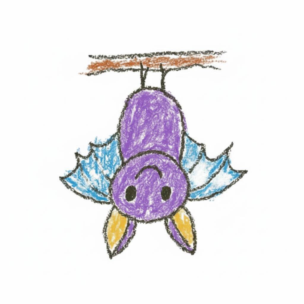 Desenho de um morcego colorido pendurado de cabeça para baixo