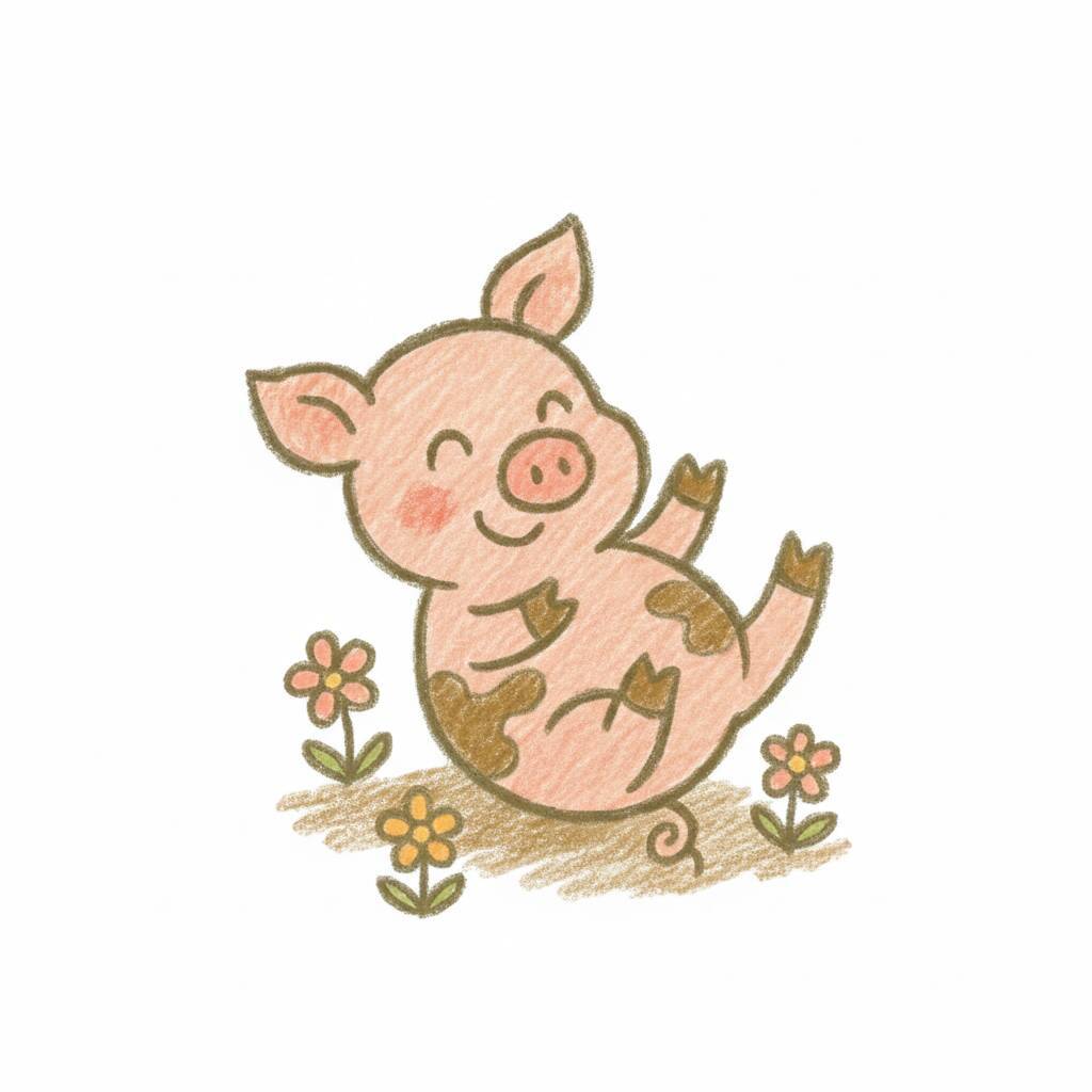 Desenho fofo de um porquinho sorridente rodeado por flores.
