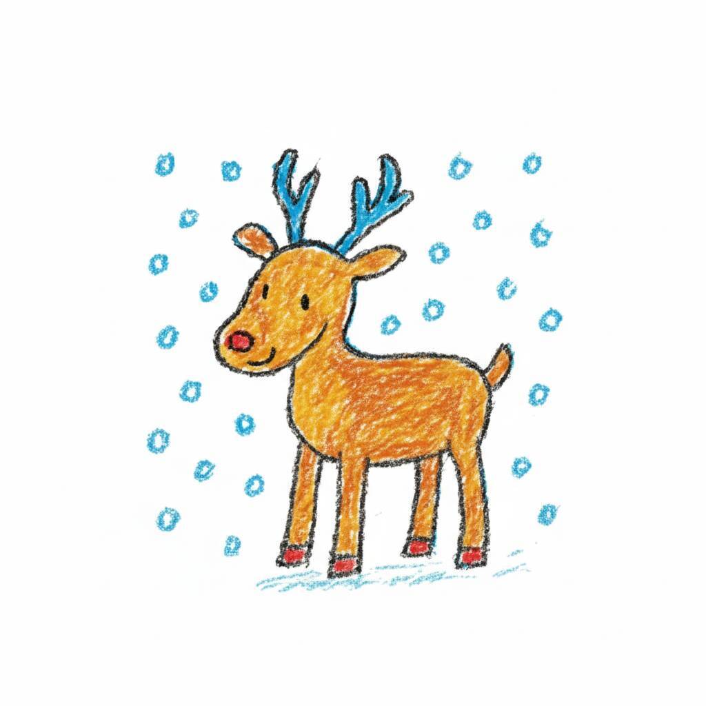 Desenho de uma rena fofa em um cenário de neve.