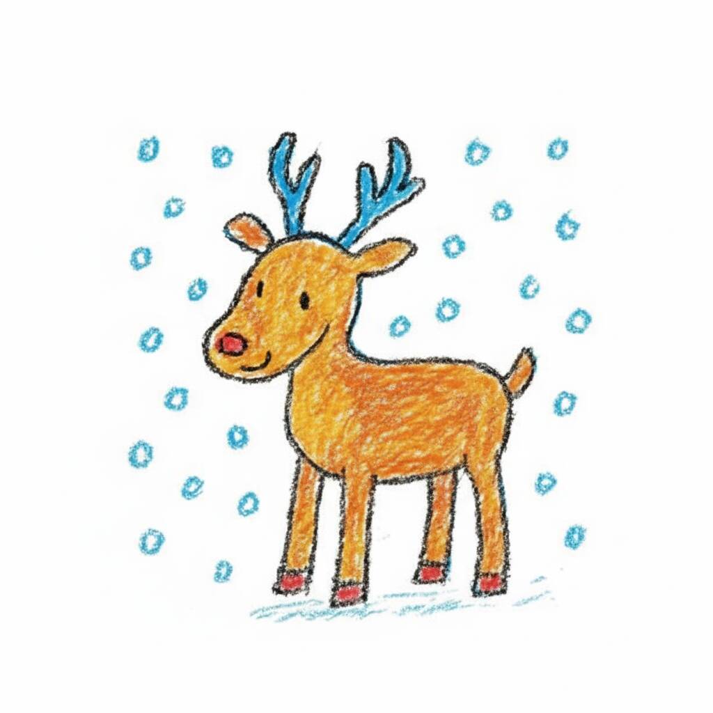 Desenho de uma rena fofinha com flocos de neve ao redor