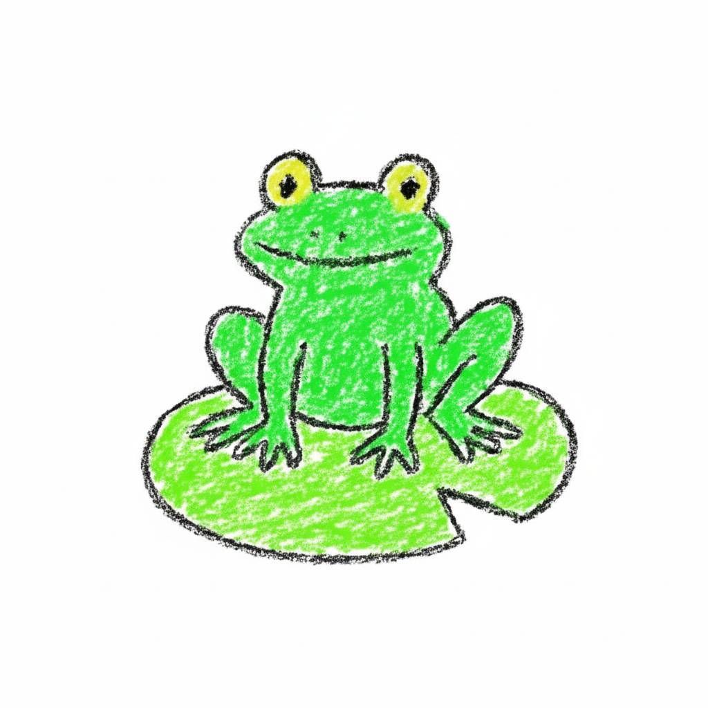 Desenho de um sapo verde sentado em uma folha de lírio