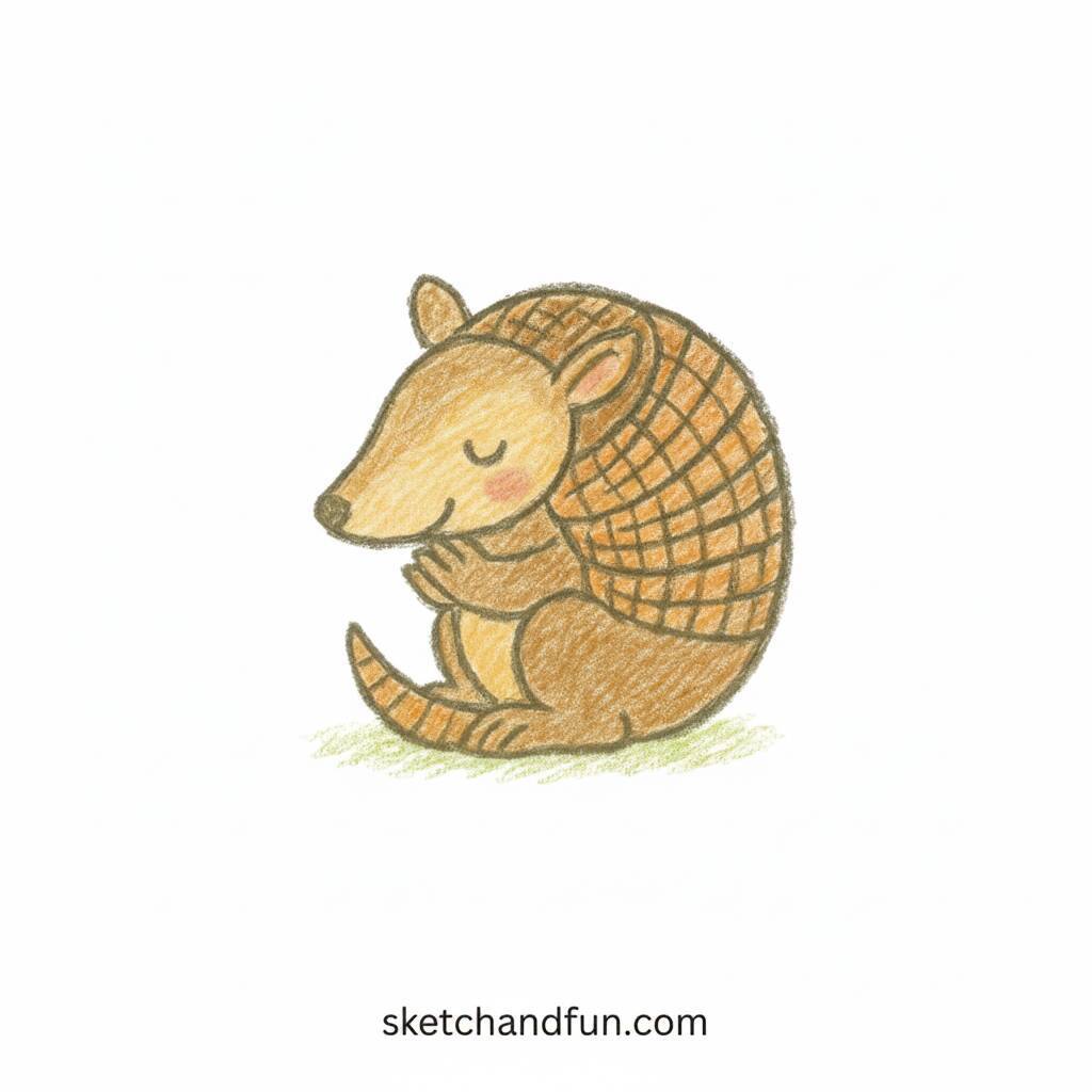 Desenho fofo de um tatu sorridente em posição de descanso