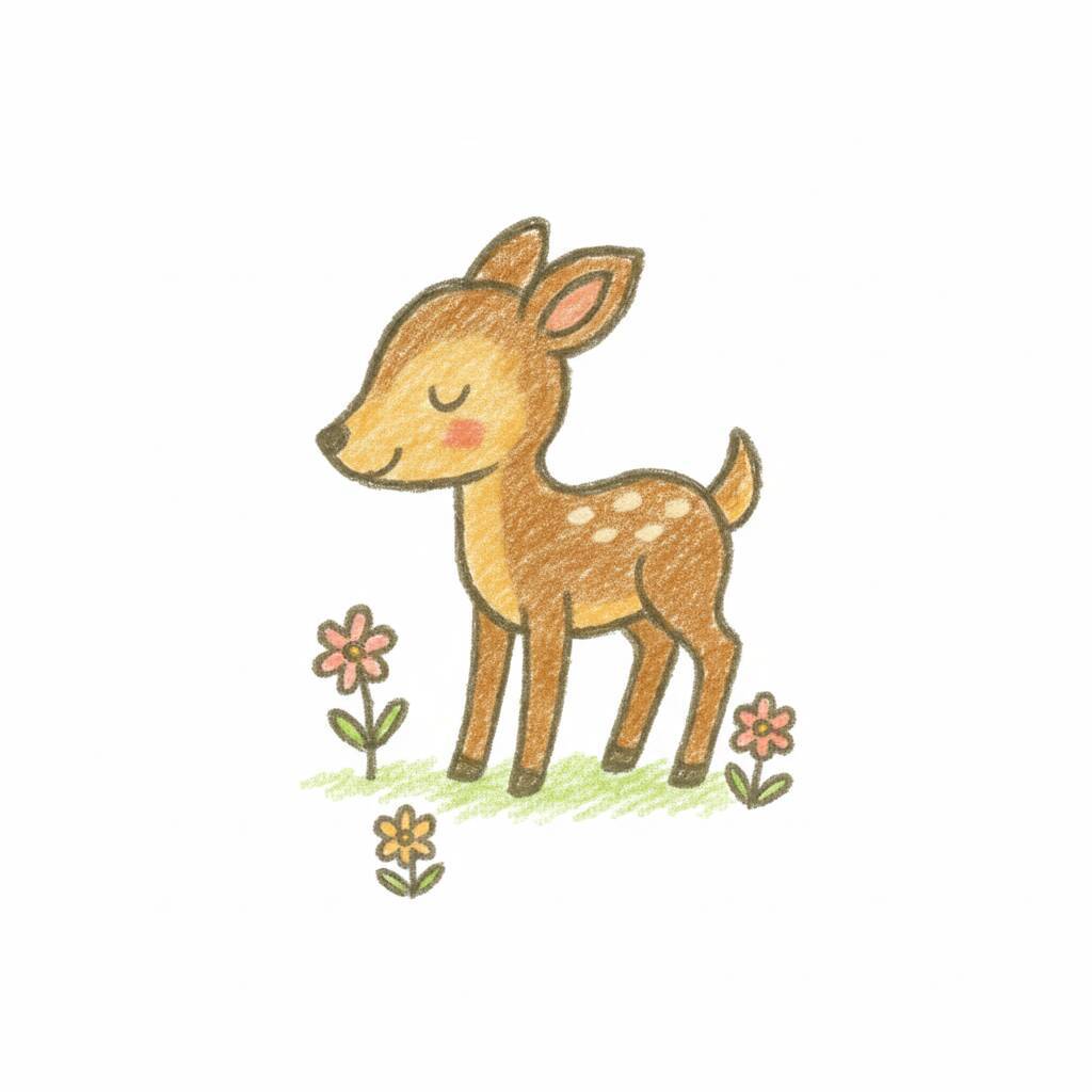 Desenho fofo de um veado com flores ao redor