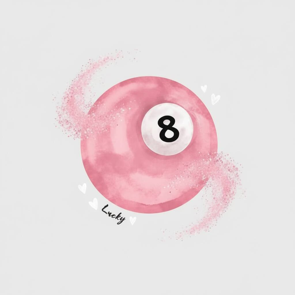 Ilustração de uma bola 8 rosa com corações ao redor.
