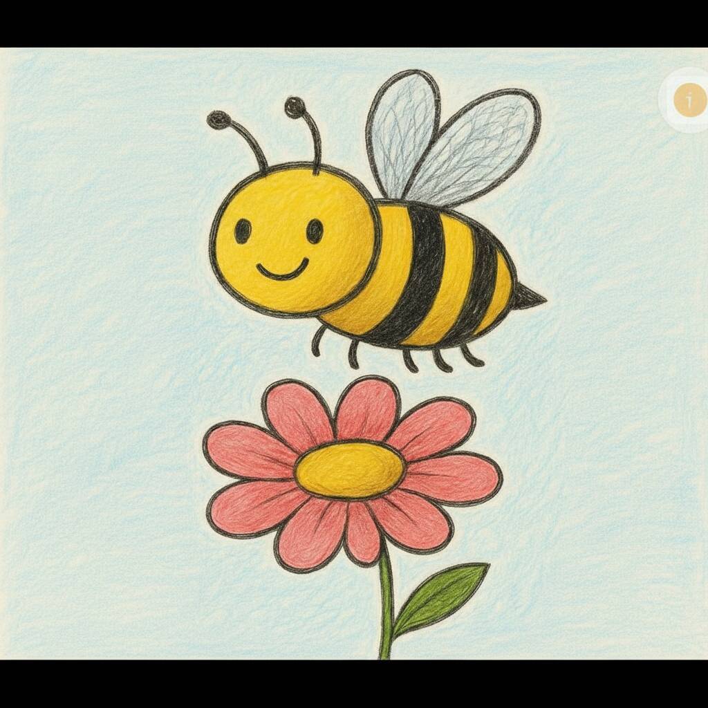 Desenho de uma abelha sorridente voando perto de uma flor colorida.