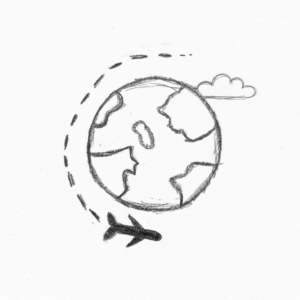 Desenho de um avião voando ao redor do planeta Terra com uma nuvem.