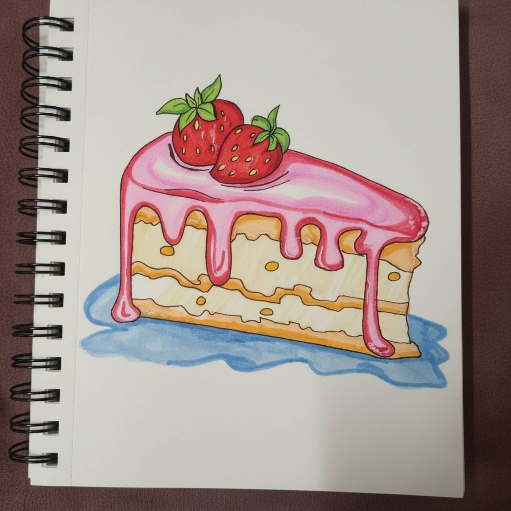 Desenho de uma fatia de bolo de morango com cobertura rosa e morangos frescos.