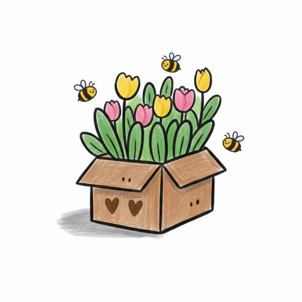 Desenho de uma caixa com flores coloridas e abelhas voando ao redor.