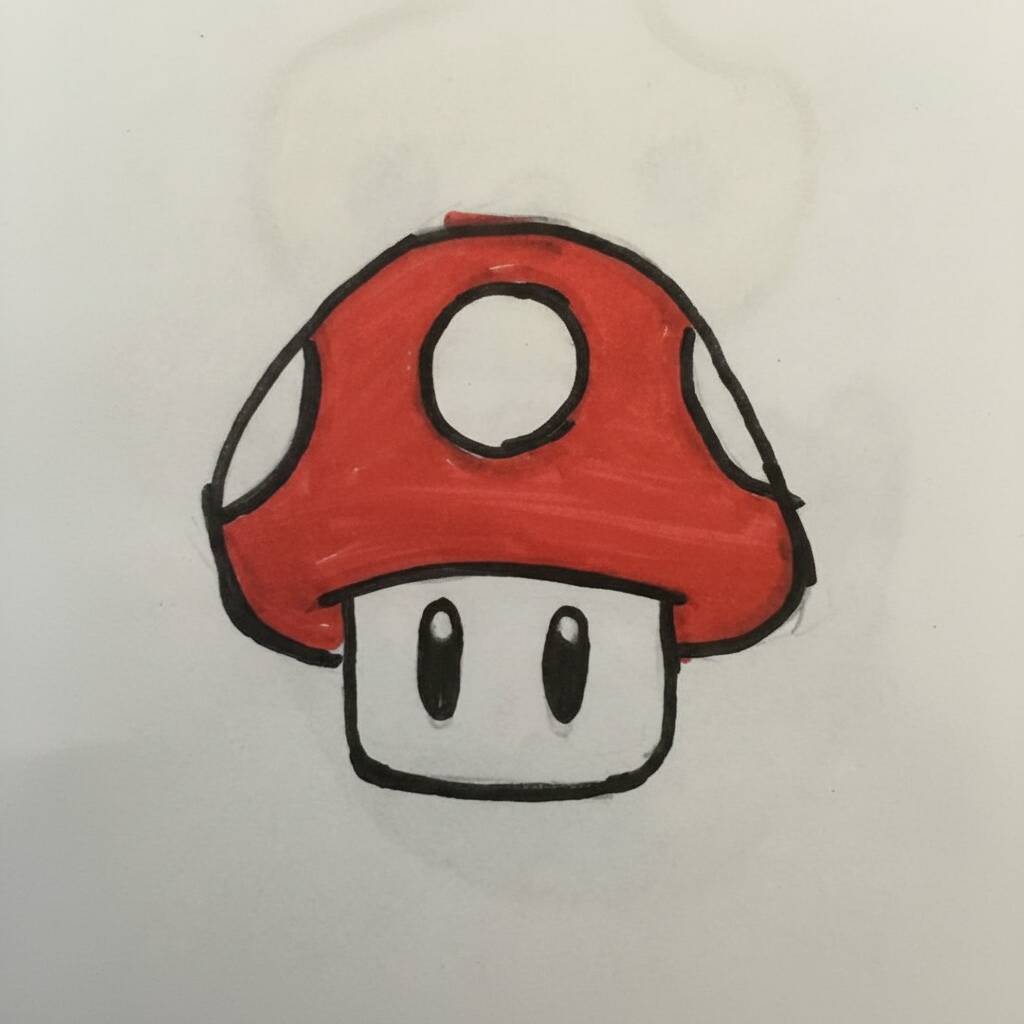 Desenho de um cogumelo vermelho com bolinhas brancas